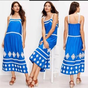 LOFT Blue Embroidered Linen RIO Swing Midi Dress